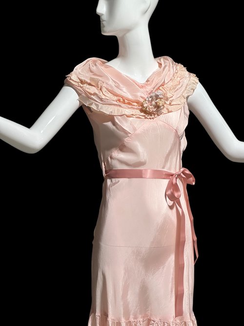 1930s Vintage shiny baby pink maxi dress, taffeta wedding party slip dress, full length Ruffled collar, tiered hem tea gown
