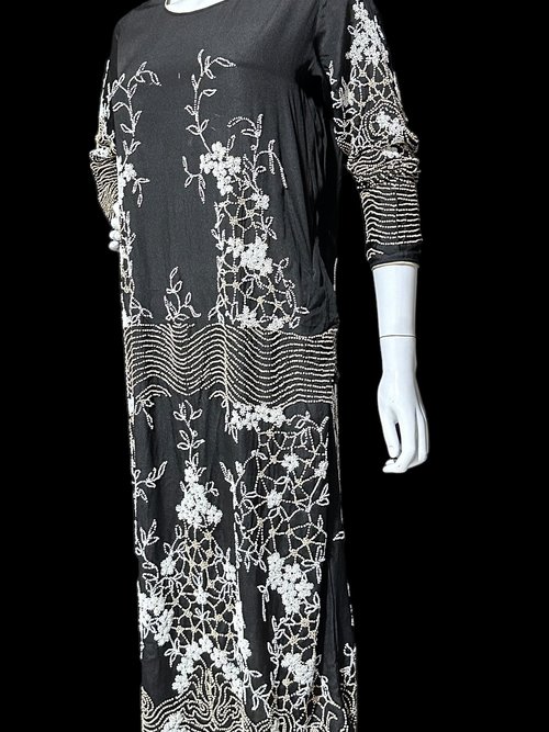 HOUSE OF ADAIR vintage 1920s dress, black and white shift beaded flapper dress