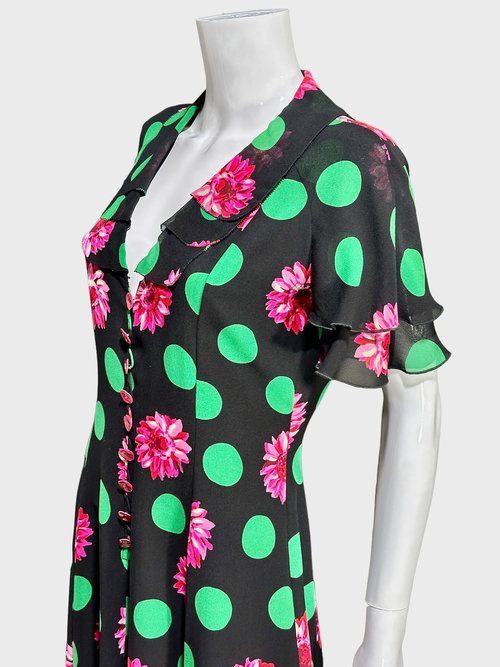 EMANUEL UNGARO 1980s vintage floral shirt dress, cocktail garden party button front flirty flouncy tiered ruffle skirt