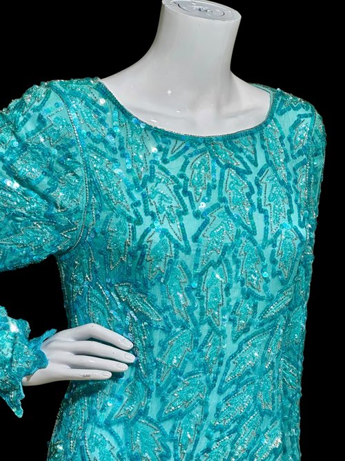 1980s vintage evening dress, Turquoise blue silk full length sheath gown with silver beads and sequins