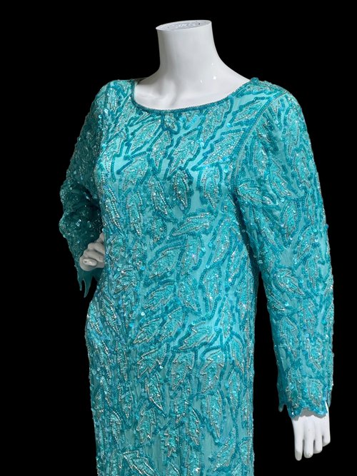 1980s vintage evening dress, Turquoise blue silk full length sheath gown with silver beads and sequins