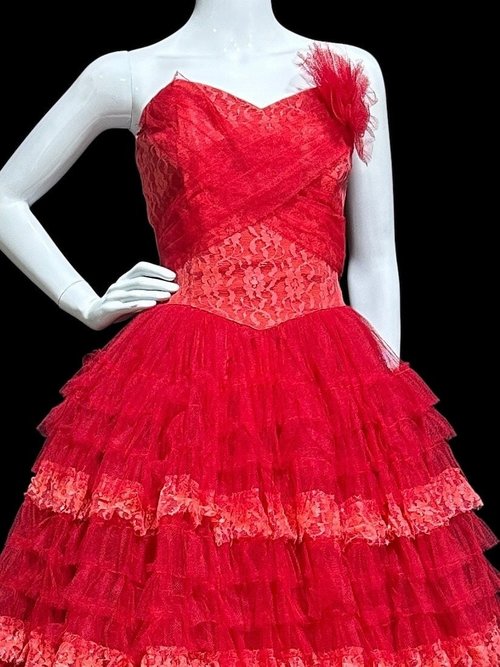 1950s vintage prom dress, Lipstick Red tulle cupcake evening gown