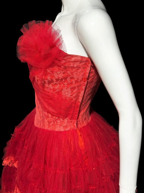 1950s vintage prom dress, Lipstick Red tulle cupcake evening gown