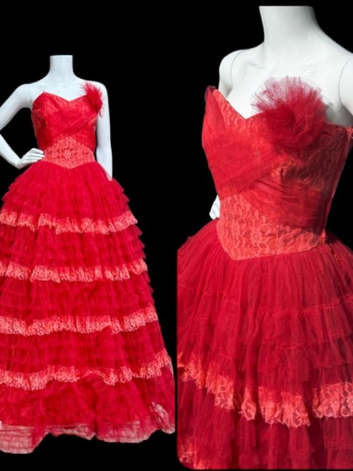 1950s vintage prom dress, Lipstick Red tulle cupcake evening gown