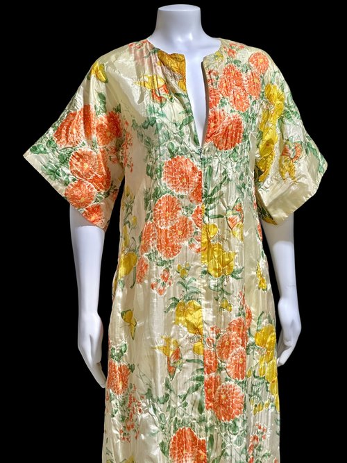THE ROBERIE vintage caftan dress, Light Airy Embossed Flower and Butterflies zip Front House Dress, Orange and yellow