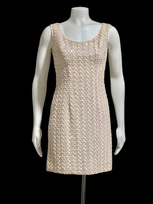 1960s Vintage mod party dress, Pink sequin & white ribbon mini cocktail evening dress