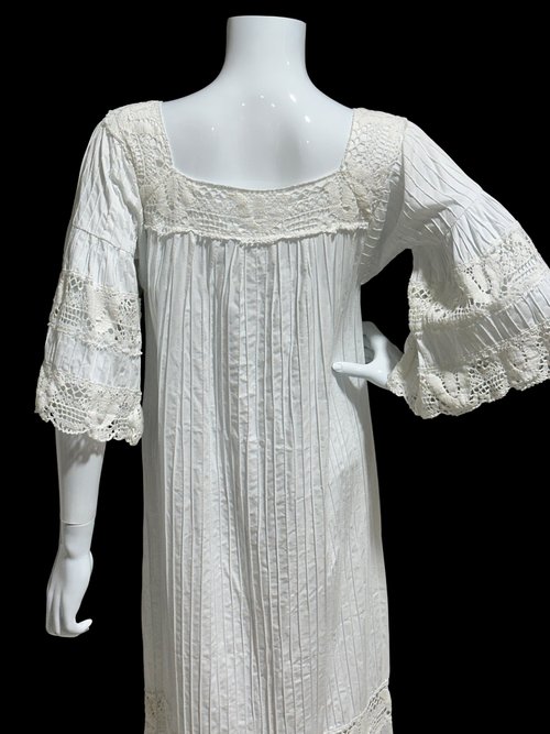 1970s vintage White Mexican Wedding dress, See Through Crochet Lace Pintuck Bell Sleeve, Maxi Boho Hippie Bohemian Cotton