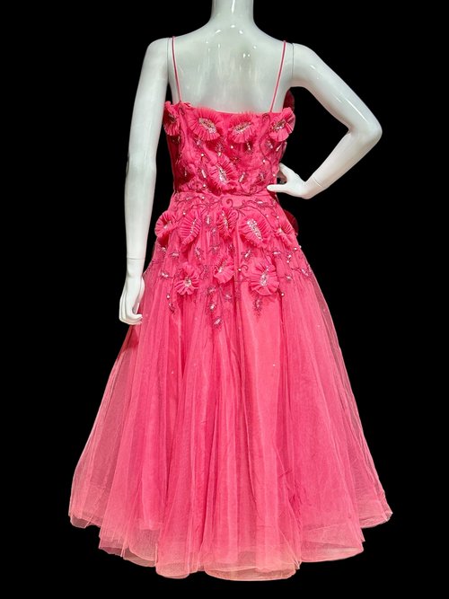 1940s prom dress, vintage 40s 50s cupcake party dress gown, hot pink strawberry sorbet tulle and sequins tea length dress