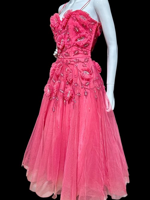 1940s prom dress, vintage 40s 50s cupcake party dress gown, hot pink strawberry sorbet tulle and sequins tea length dress