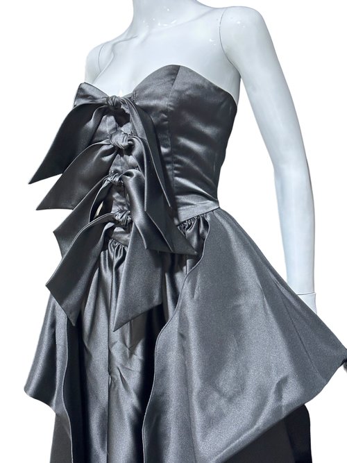 HOLLY HARP vintage 1980s ball gown, Black satin architectural peplum dress