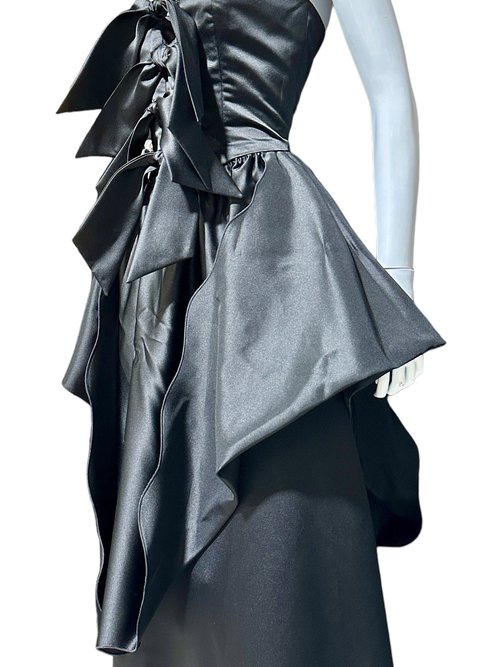 HOLLY HARP vintage 1980s ball gown, Black satin architectural peplum dress