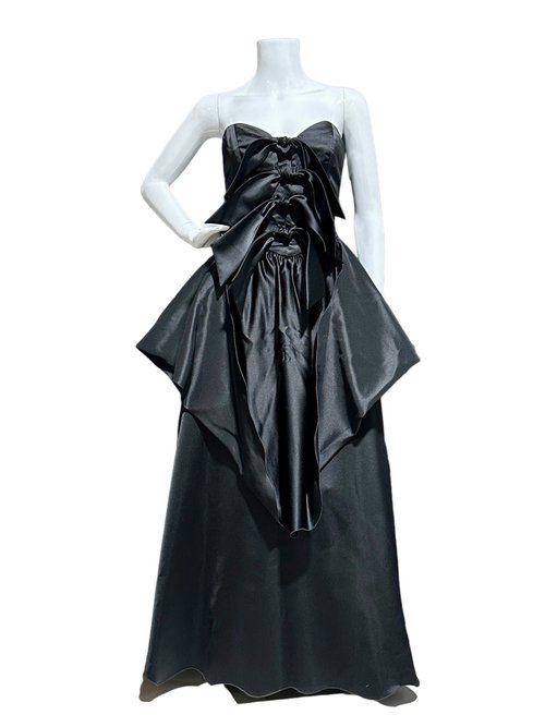 HOLLY HARP vintage 1980s ball gown, Black satin architectural peplum dress