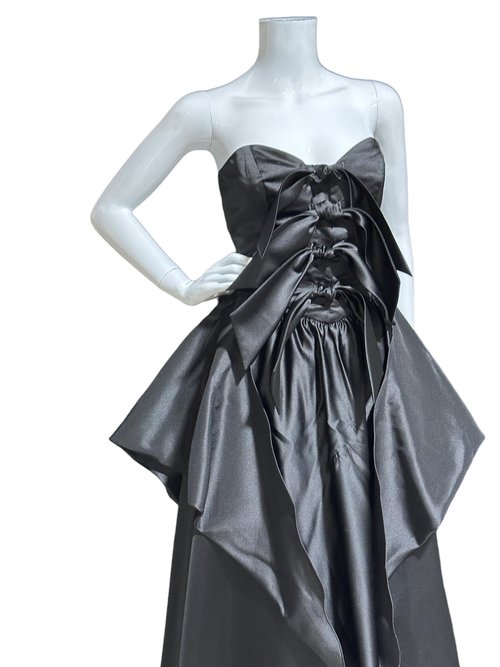 HOLLY HARP vintage 1980s ball gown, Black satin architectural peplum dress