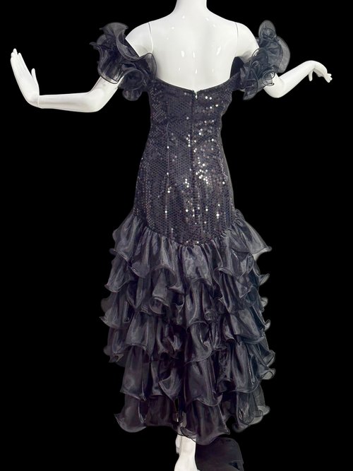 1980s vintage prom dress, Black and silver sequins, hi low ruffled off the shoulder evening gown