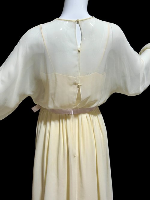 The Gilbert's for TALLY, SAKOWITZ 1970s vintage dress, creamy white poly chiffon cocktail party dress