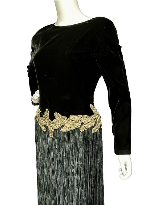 Mary McFadden, Suite 101 1980s vintage evening dress, Black Velvet fortuny pleats plisse cocktail party dress