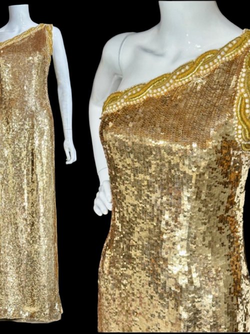 JEET 1980s vintage evening dress, shiny snakeskin gold sequin and beaded one shoulder sheath gown
