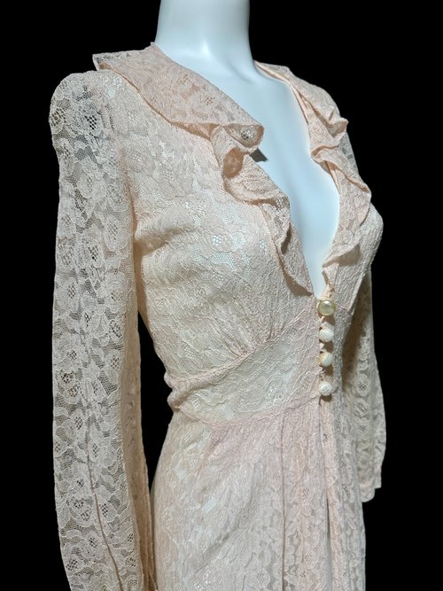FLOBERT vintage 1940s dressing gown, pink sheer see through lace button front peignoir housecoat, ruffled collar