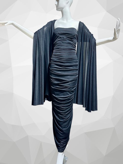 GIORGIO BEVERLY HILLS 1980s vintage evening gown, Slinky Black ruched sheath gown, Grecian Goddess attached drape