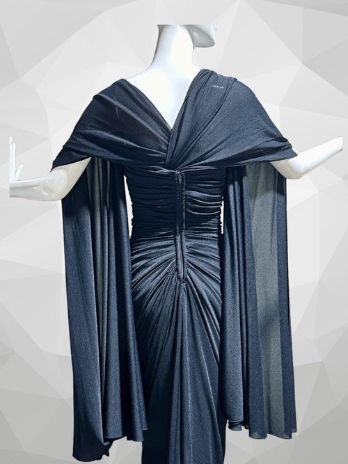 GIORGIO BEVERLY HILLS 1980s vintage evening gown, Slinky Black ruched sheath gown, Grecian Goddess attached drape