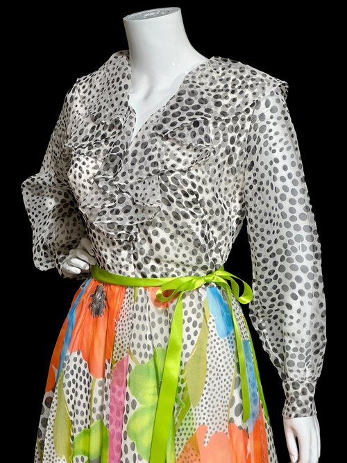 JACK BRYAN DUPUIS, vintage 1970s maxi dress, ruffles bishop sleeves, black white polka dots neon poppies, Palm Royale