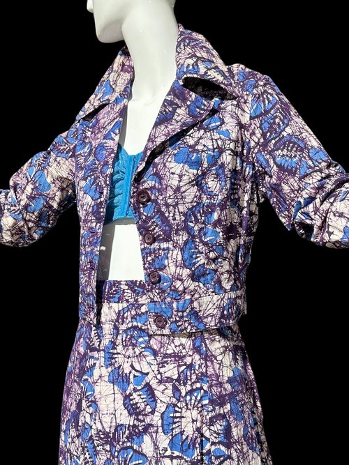 FIVE BELIEVER'S BATIK, vintage 1970s set, cotton cropped top shirt and maxi skirt, blue purple floral art to wear