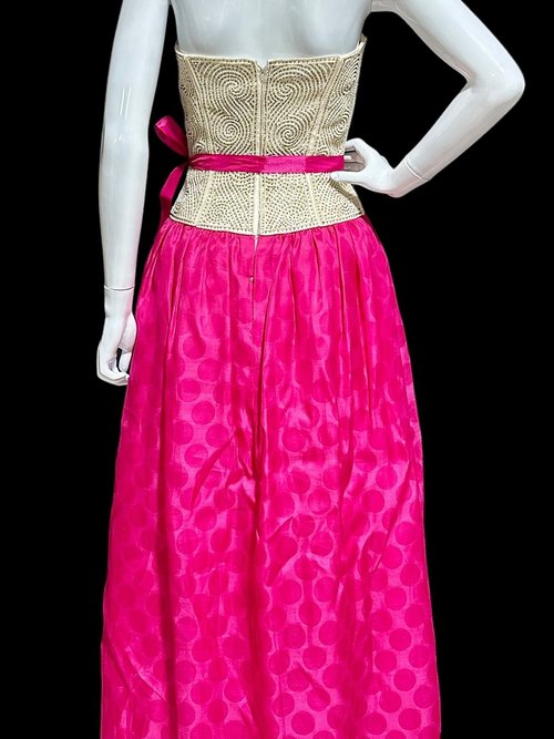 RICHILENE for Lord & Taylor, 1980s vintage evening dress, strapless white beaded top hot pink polka dot