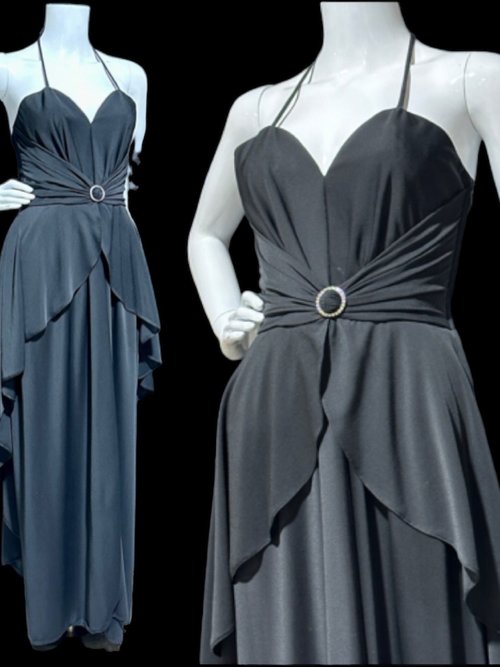 FRANK USHER 1970s vintage evening dress, Black Jersey knit Halter disco prom Dress, Bustier bodice and Long Peplum skirt