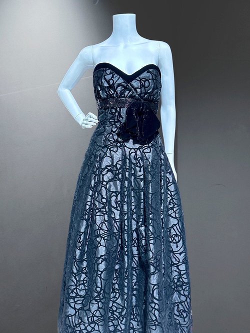 ANN LAWRENCE for MARTHA 1980s vintage evening dress ball gown, Black strapless velvet burnout