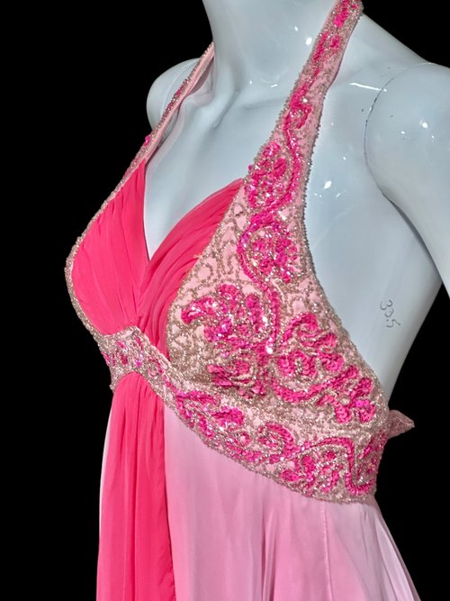 MIKE BENET 1960s vintage evening dress, pink chiffon beaded gown, halter formal evening ball gown