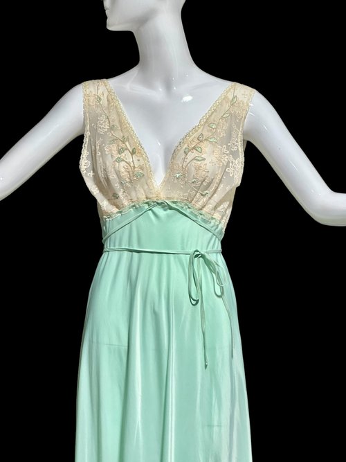 1960s Vintage nightgown robe set, Minty green grecian wrap peignoir set, slip dress and housecoat