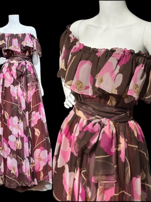 MIGNON NY 1970s vintage floral gown, Chocolate Brown Hot Pink Floral Chiffon maxi dress, Ruffle Romantic off shoulder garden party dress