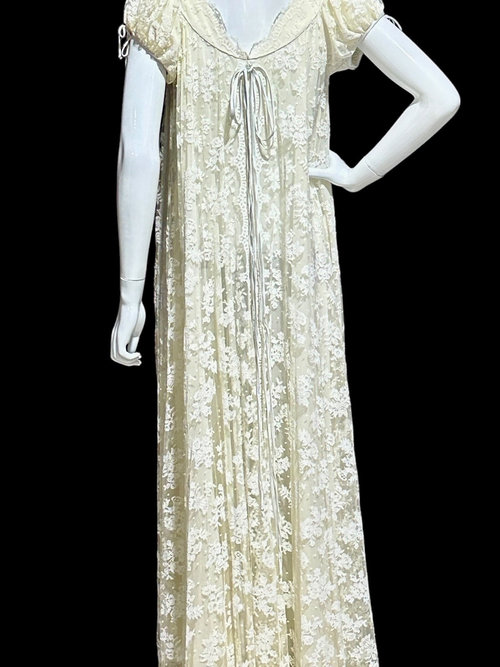 CLAIRE SANDRA Lucie Ann vintage 1960s dressing gown, sheer white lace nylon grecian goddess hostess gown full cut housecoat, OSFM