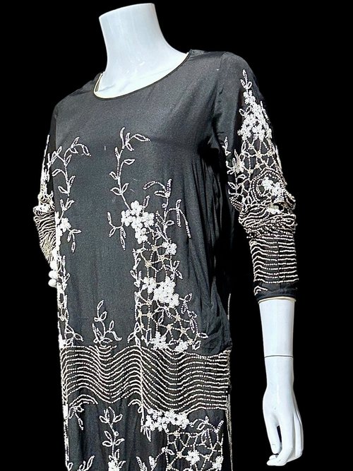 HOUSE OF ADAIR vintage 1920s dress, black and white shift beaded flapper dress