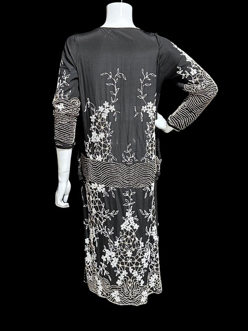 HOUSE OF ADAIR vintage 1920s dress, black and white shift beaded flapper dress