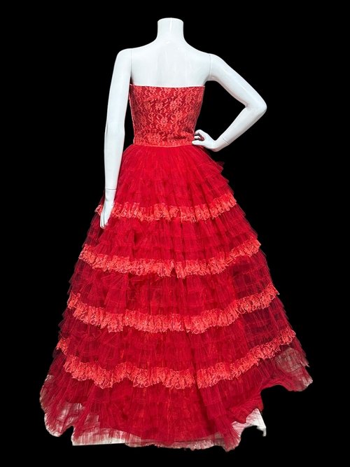 1950s vintage prom dress, Lipstick Red tulle cupcake evening gown