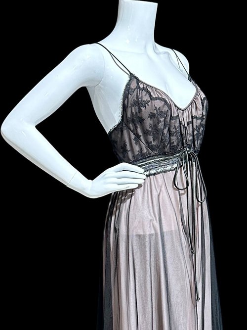 CLAIRE HADDAD TORONTO vintage nightgown, Made in Canada, Black sheer chiffon lace Grecian goddess gown, 36 bust