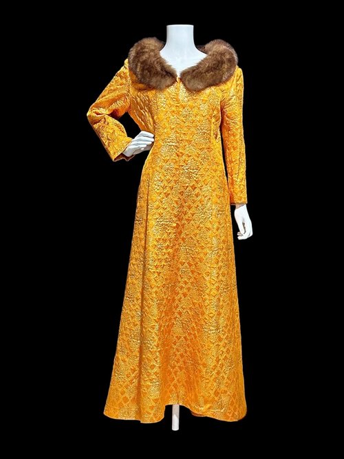 MALOUF PERFECT NEGLIGEE vintage evening dressing gown, orange gold metallic brocade shift dressing gown robe, front zip mink fur trim, 40 bust