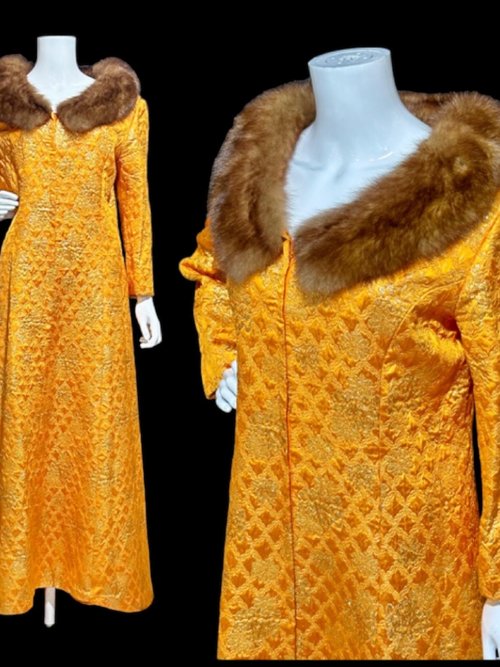 MALOUF PERFECT NEGLIGEE vintage evening dressing gown, orange gold metallic brocade shift dressing gown robe