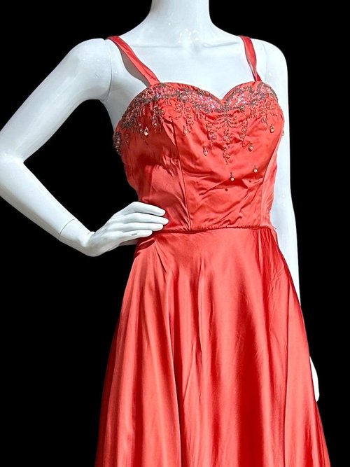 JULIUS GARFINCKEL & CO, 1940s vintage evening gown, Coppery Coral Shiny Silky Liquid Satin Beaded Evening Dress, 34 bust