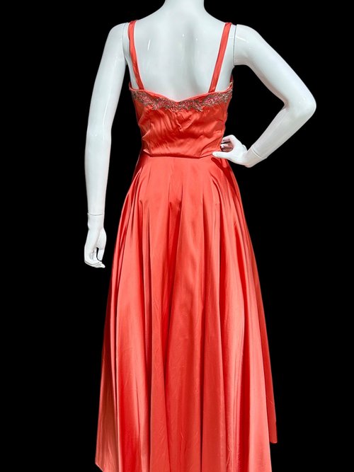 JULIUS GARFINCKEL & CO, 1940s vintage evening gown, Coppery Coral Shiny Silky Liquid Satin Beaded Evening Dress, 34 bust