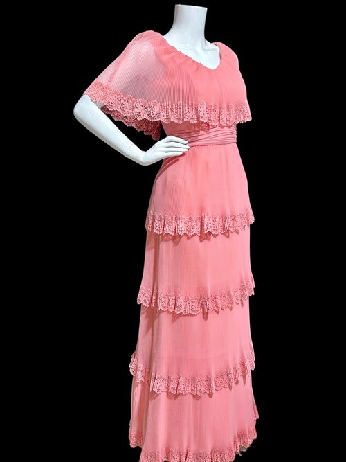 Miss Elliette dress, Vintage 1960s accordion pleated chiffon lace trimmed maxi dress, Old Rose evening dress