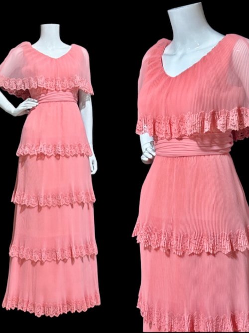 Miss Elliette dress, Vintage 1960s accordion pleated chiffon lace trimmed maxi dress, Old Rose evening dress