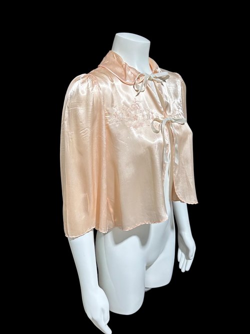 1940s vintage bed night jacket, Shiny pale pink satin with cut work and embroidery evening jacket