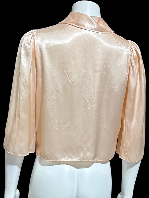 1940s vintage bed night jacket, Shiny pale pink satin with cut work and embroidery evening jacket