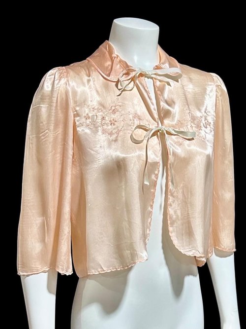 1940s vintage bed night jacket, Shiny pale pink satin with cut work and embroidery evening jacket