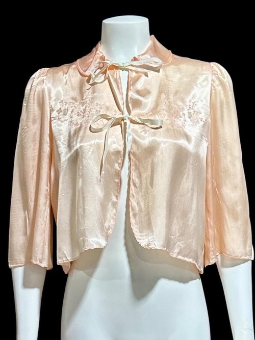 1940s vintage bed night jacket, Shiny pale pink satin with cut work and embroidery evening jacket