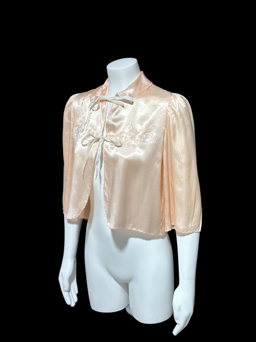 1940s vintage bed night jacket, Shiny pale pink satin with cut work and embroidery evening jacket