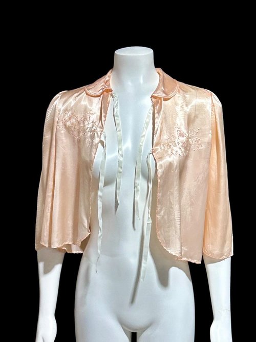 1940s vintage bed night jacket, Shiny pale pink satin with cut work and embroidery evening jacket