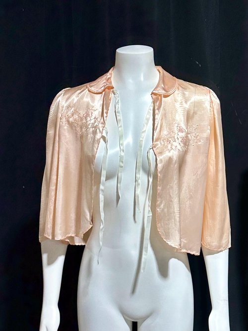 1940s vintage bed night jacket, Shiny pale pink satin with cut work and embroidery evening jacket